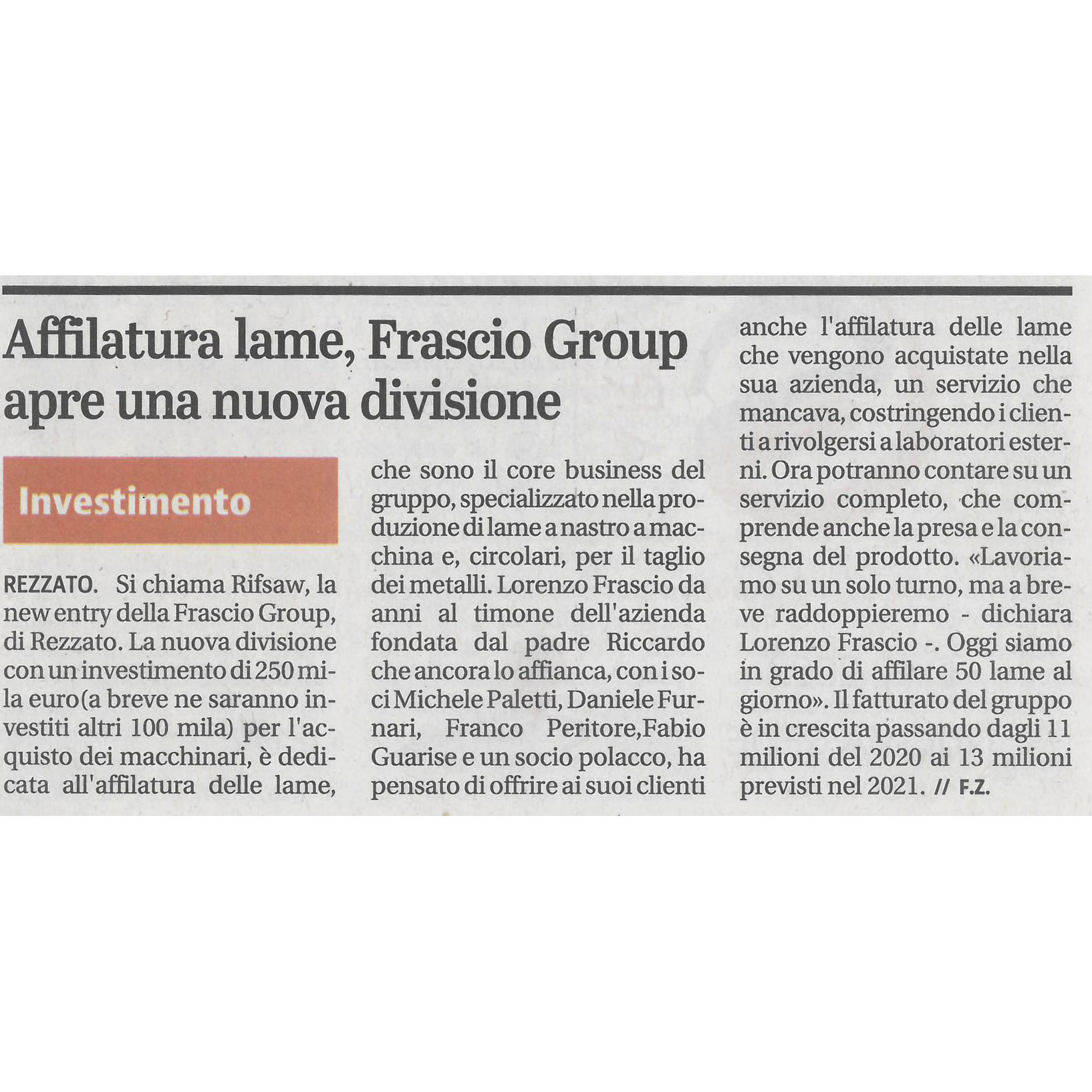 Affilatura lame, Frascio Group apre una nuova divisione